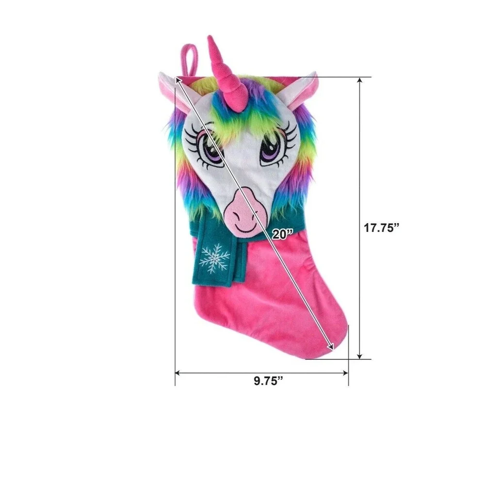 Holiday Time 3D Plush Pink Unicorn Christmas Stocking 20 in Rainbow Mane